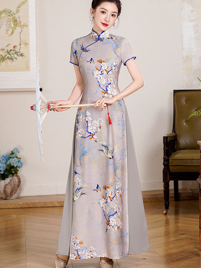 Gray Floral Print Mothers Maxi Cheongsam Ao Dai Dress