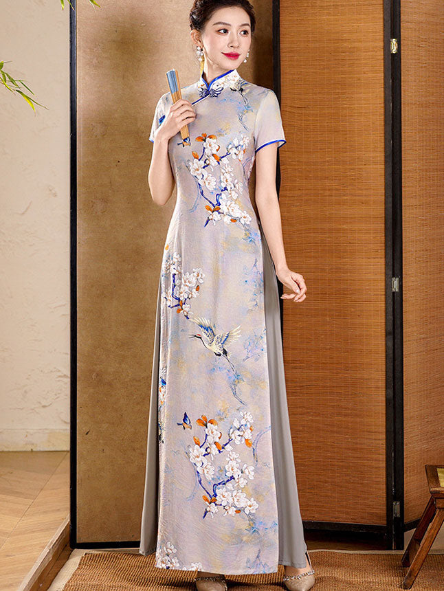 Gray Floral Print Mothers Maxi Cheongsam Ao Dai Dress