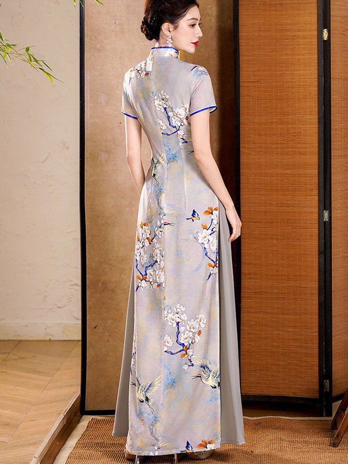 Gray Floral Print Mothers Maxi Cheongsam Ao Dai Dress