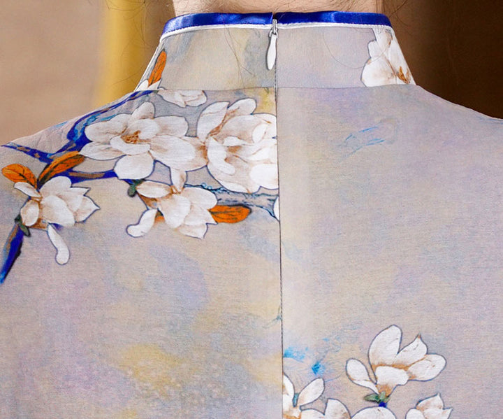 Gray Floral Print Mothers Maxi Cheongsam Ao Dai Dress