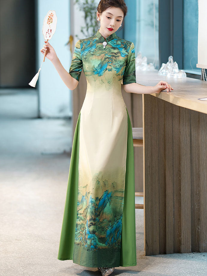 Green Blue Vintage Print Mothers Maxi Cheongsam Ao Dai Dress