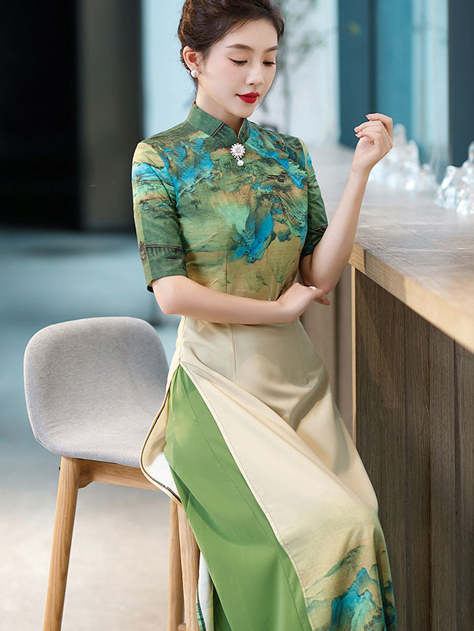 Green Blue Vintage Print Mothers Maxi Cheongsam Ao Dai Dress