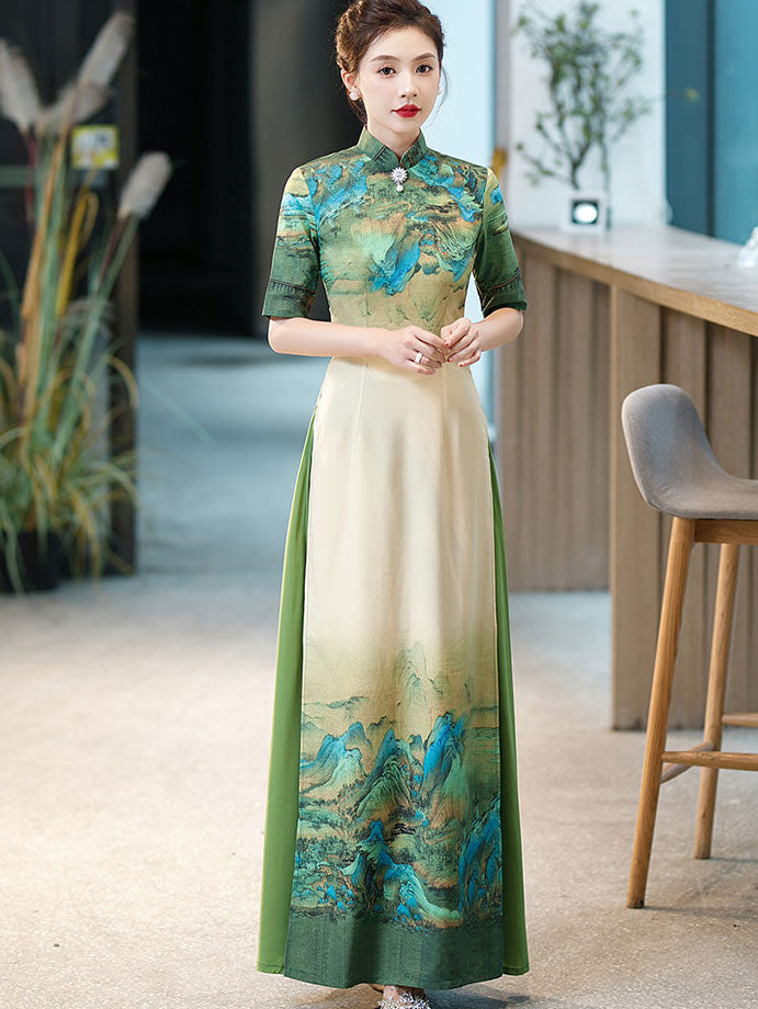 Green Blue Vintage Print Mothers Maxi Cheongsam Ao Dai Dress