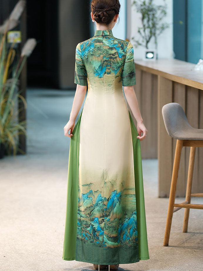 Green Blue Vintage Print Mothers Maxi Cheongsam Ao Dai Dress