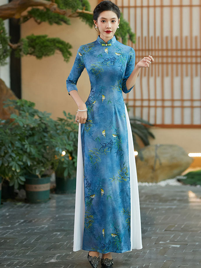 Green Blue Vintage Print Mothers Maxi Cheongsam Ao Dai Dress