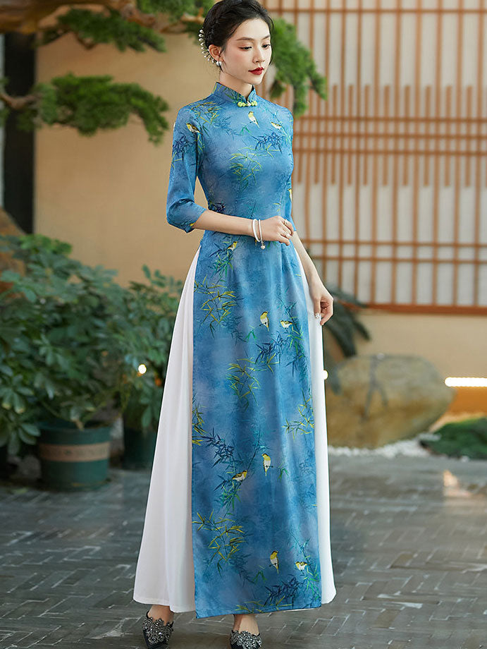 Green Blue Vintage Print Mothers Maxi Cheongsam Ao Dai Dress