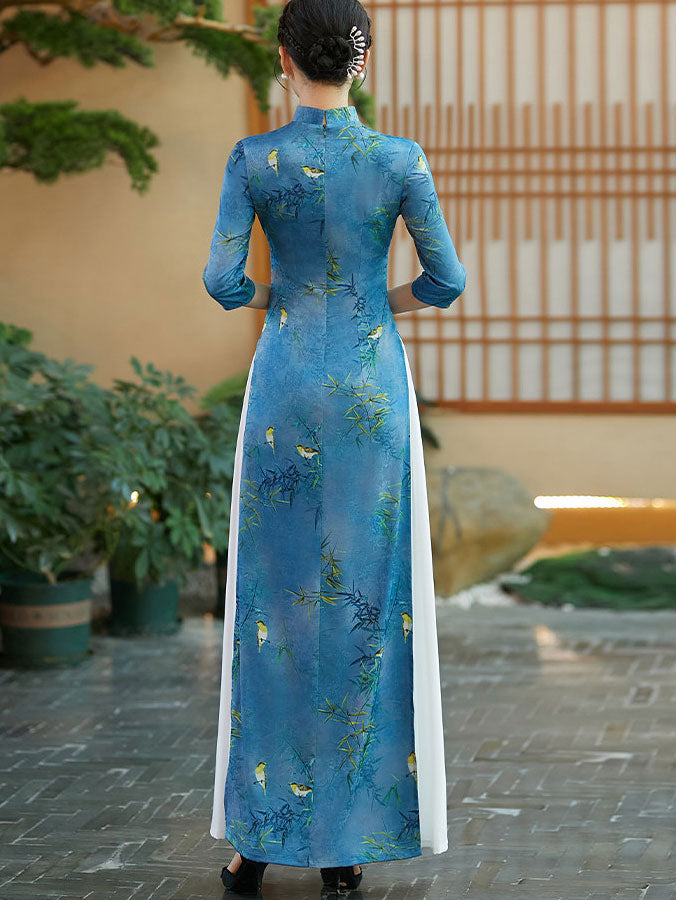 Green Blue Vintage Print Mothers Maxi Cheongsam Ao Dai Dress