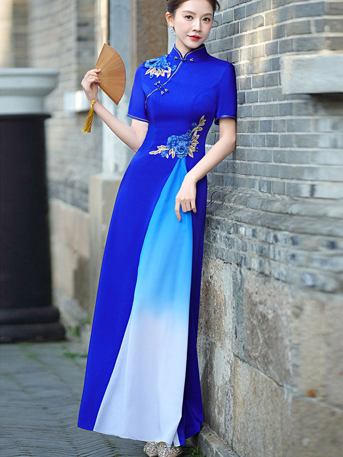 Blue Pink A-Line Maxi Cheongsam Ao Dai Dress