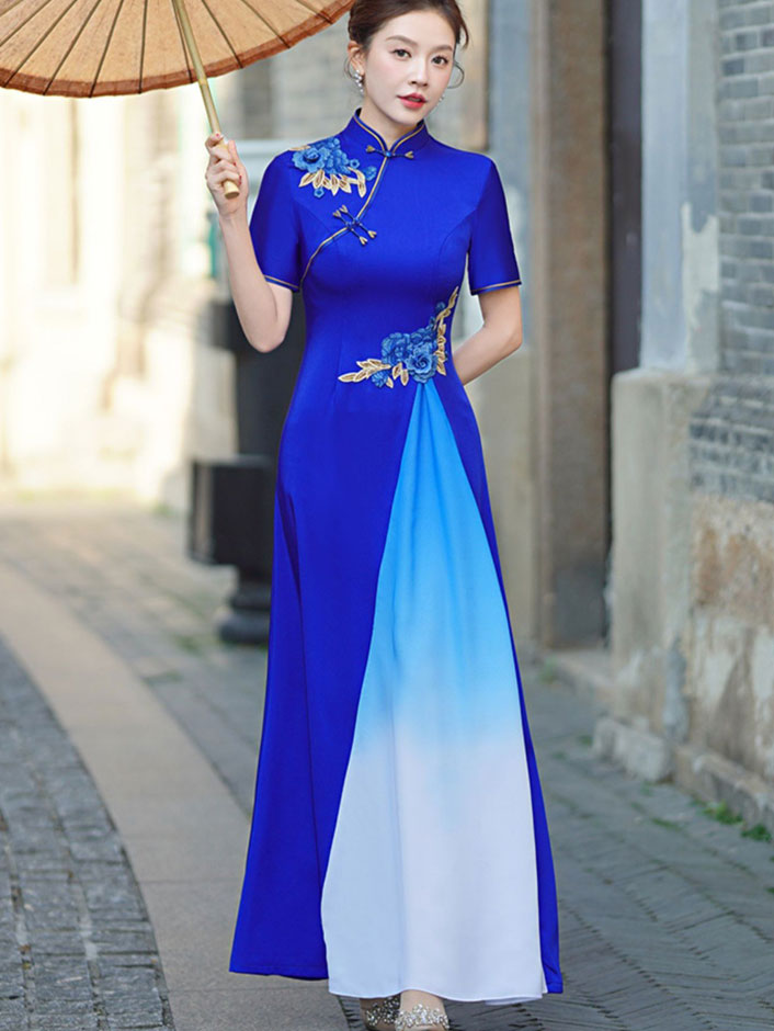 Blue Pink A-Line Maxi Cheongsam Ao Dai Dress