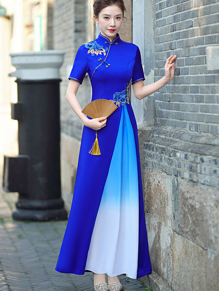 Blue Pink A-Line Maxi Cheongsam Ao Dai Dress