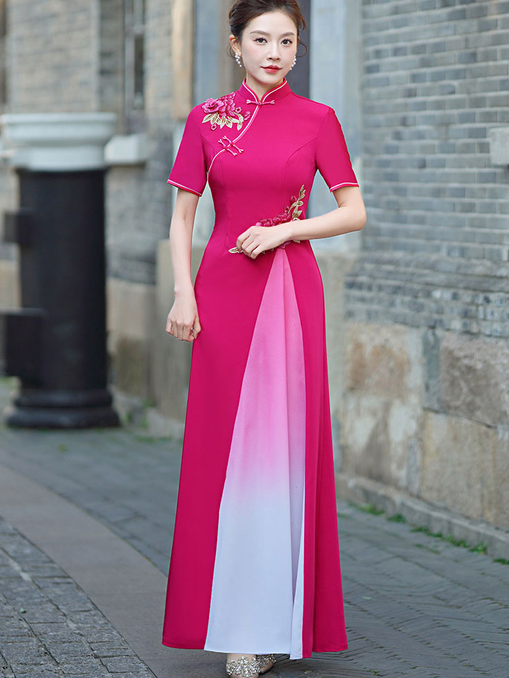 Blue Pink A-Line Maxi Cheongsam Ao Dai Dress