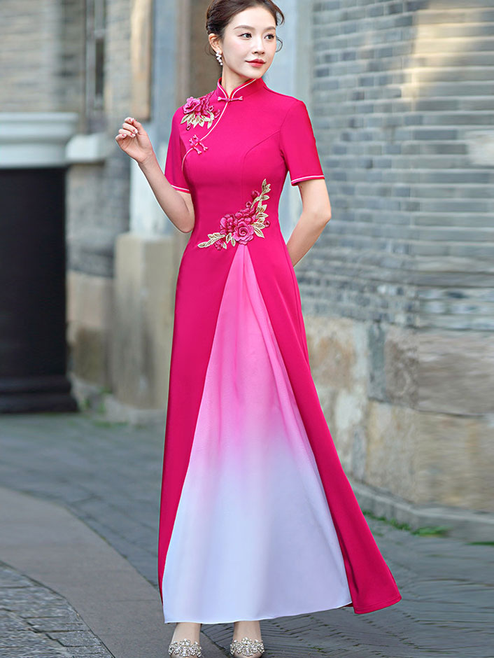 Blue Pink A-Line Maxi Cheongsam Ao Dai Dress