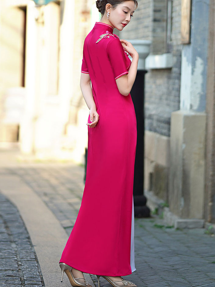 Blue Pink A-Line Maxi Cheongsam Ao Dai Dress