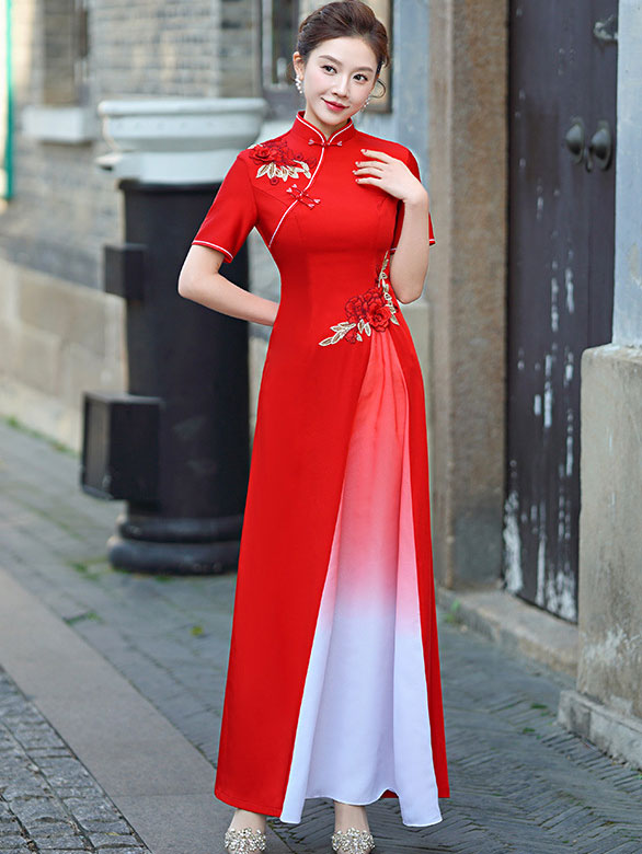 Blue Pink A-Line Maxi Cheongsam Ao Dai Dress