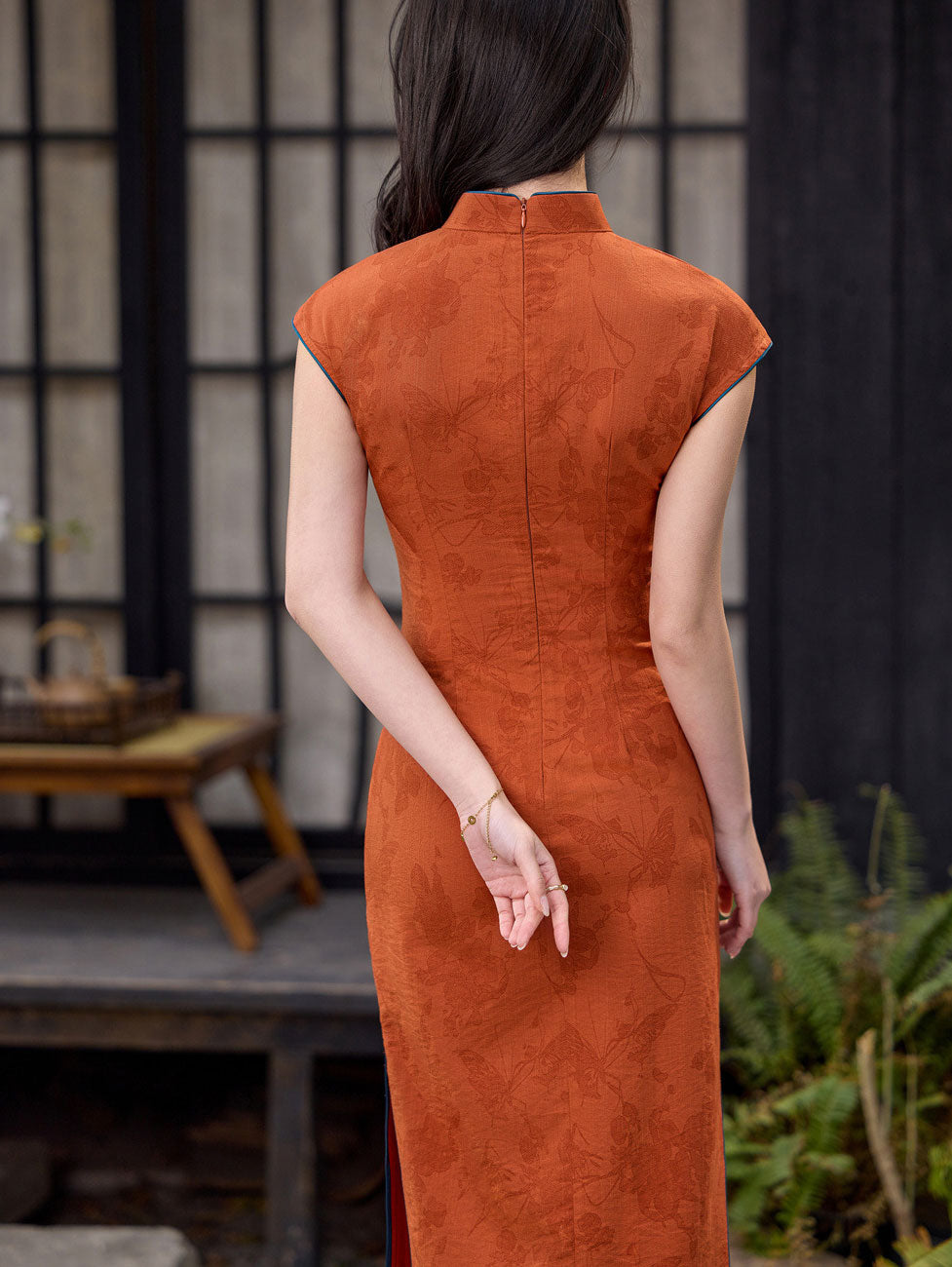 Orange Jacquard Floral Linen Long Cheongsam Qipao Dress