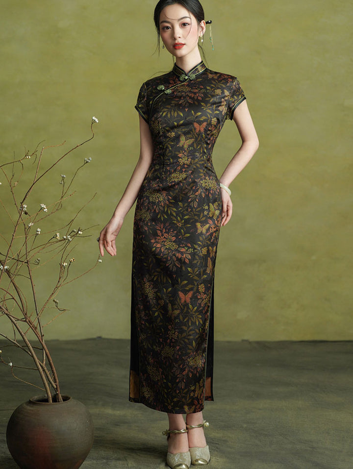 Autumn Glow Floral Print Maxi Cheongsam Qipao Dress