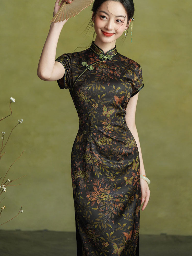 Autumn Glow Floral Print Maxi Cheongsam Qipao Dress