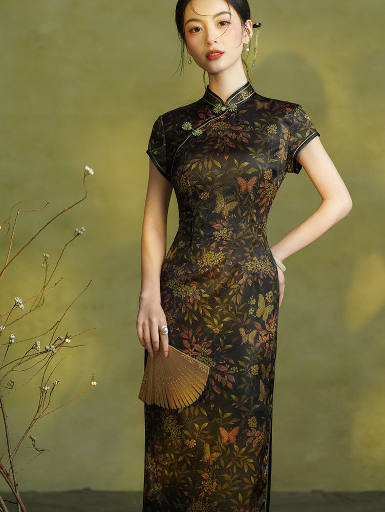 Autumn Glow Floral Print Maxi Cheongsam Qipao Dress