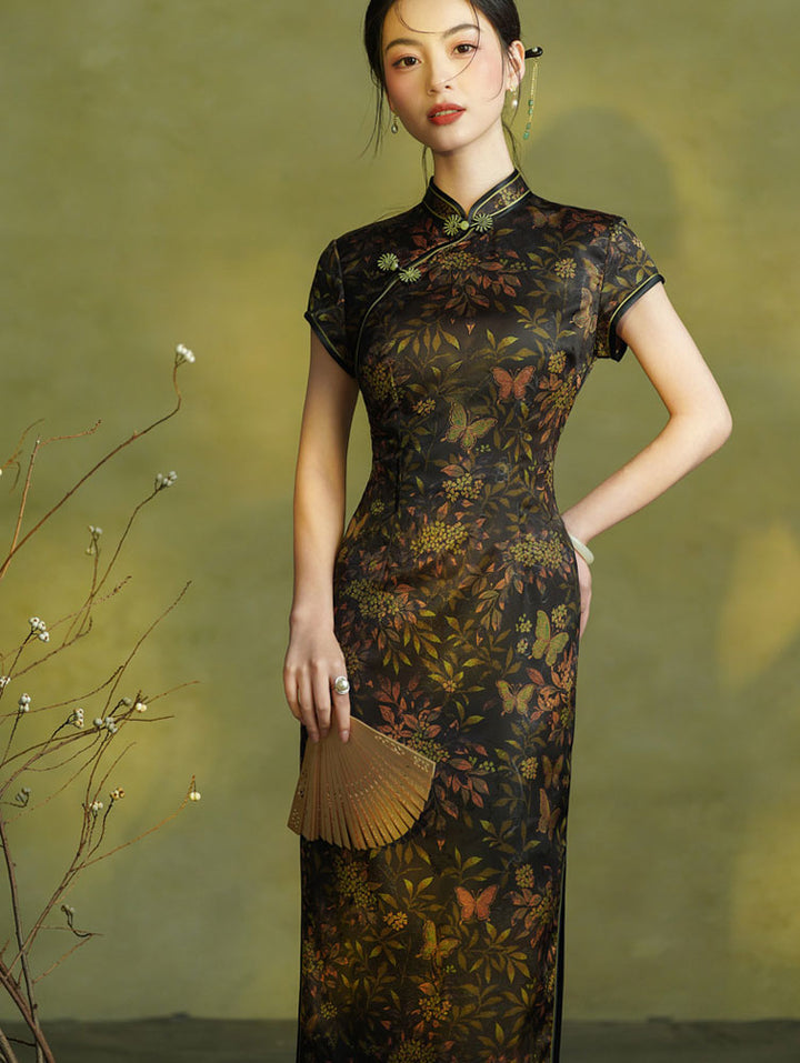 Autumn Glow Floral Print Maxi Cheongsam Qipao Dress
