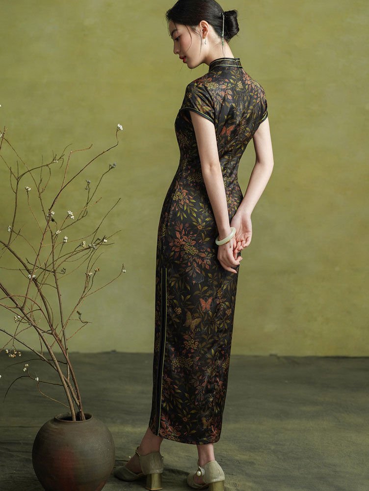 Autumn Glow Floral Print Maxi Cheongsam Qipao Dress
