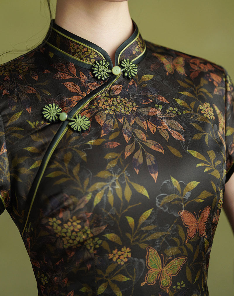 Autumn Glow Floral Print Maxi Cheongsam Qipao Dress