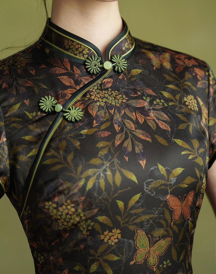 Autumn Glow Floral Print Maxi Cheongsam Qipao Dress