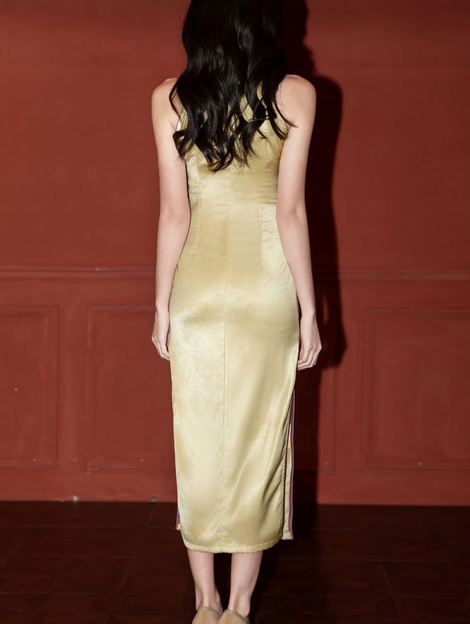 Yellow Halter Long Cheongsam Qipao Dress