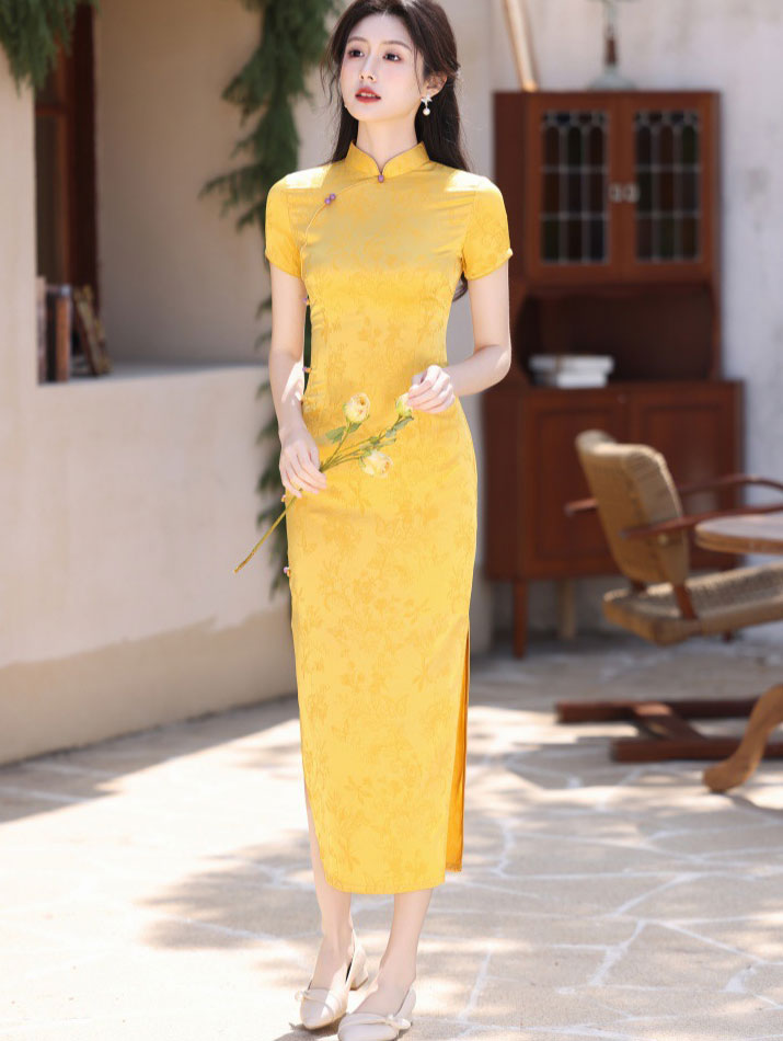 Yellow Jacquard Floral Maxi Cheongsam Qipao Dress