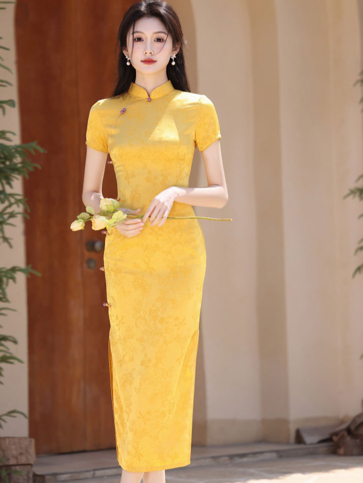 Yellow Jacquard Floral Maxi Cheongsam Qipao Dress