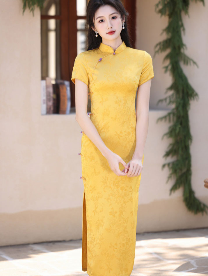 Yellow Jacquard Floral Maxi Cheongsam Qipao Dress