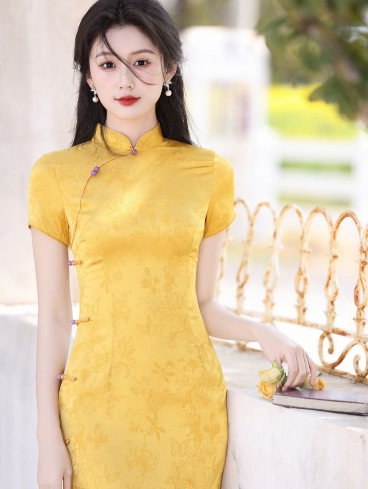 Yellow Jacquard Floral Maxi Cheongsam Qipao Dress