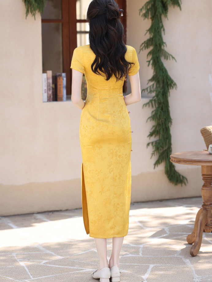 Yellow Jacquard Floral Maxi Cheongsam Qipao Dress