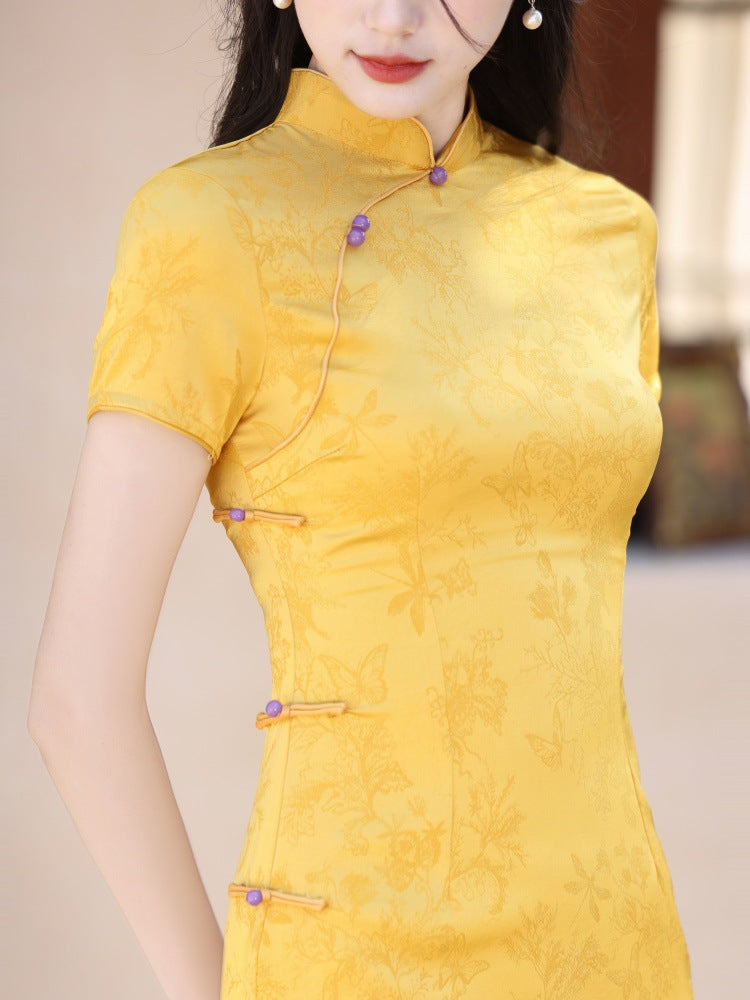 Yellow Jacquard Floral Maxi Cheongsam Qipao Dress