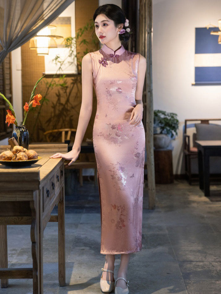 Pink Jacquard Floral Maxi Cheongsam Qipao Dress