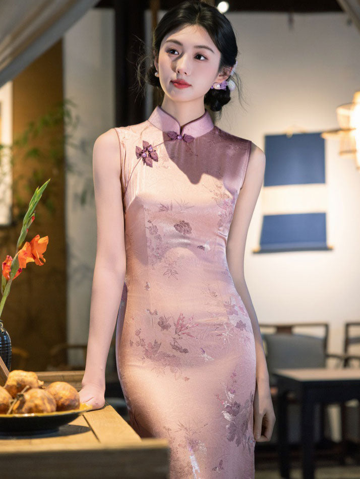 Pink Jacquard Floral Maxi Cheongsam Qipao Dress