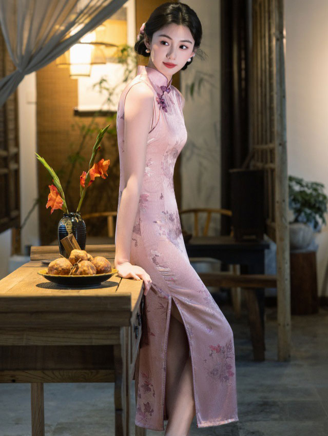 Pink Jacquard Floral Maxi Cheongsam Qipao Dress