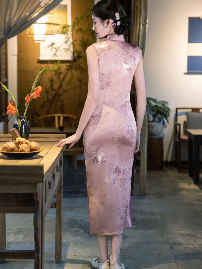 Pink Jacquard Floral Maxi Cheongsam Qipao Dress