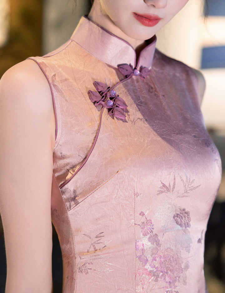 Pink Jacquard Floral Maxi Cheongsam Qipao Dress
