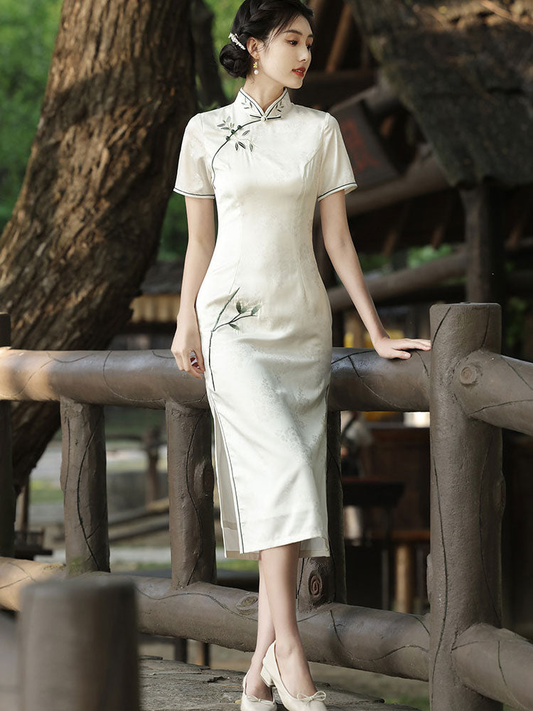 White Jacquard Floral Midi Cheongsam Qipao Dress