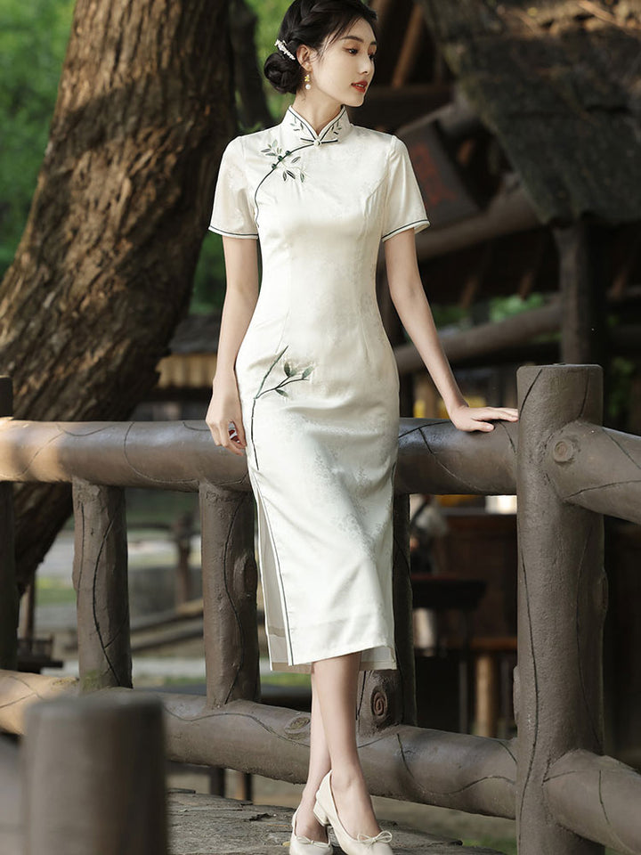 White Jacquard Floral Midi Cheongsam Qipao Dress