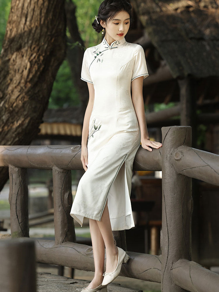 White Jacquard Floral Midi Cheongsam Qipao Dress