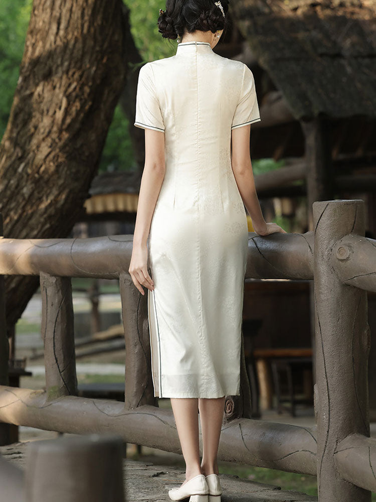 White Jacquard Floral Midi Cheongsam Qipao Dress