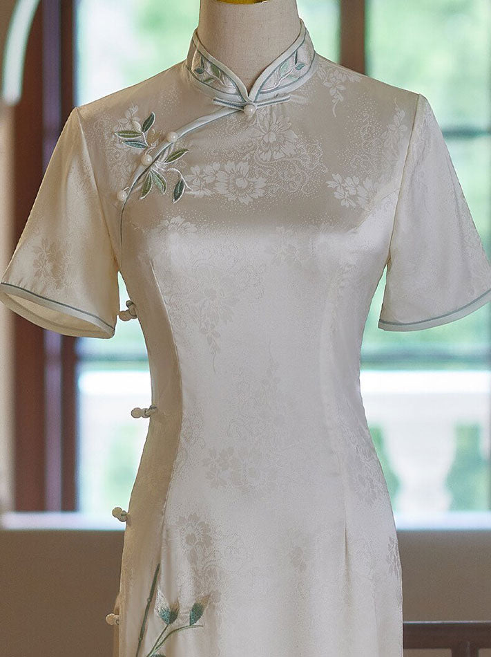 White Jacquard Floral Midi Cheongsam Qipao Dress