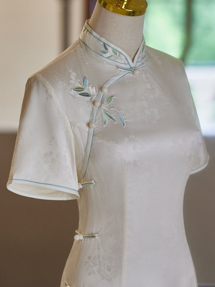 White Jacquard Floral Midi Cheongsam Qipao Dress