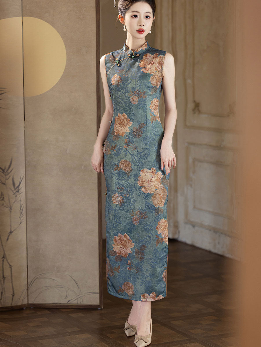 Blue Floral Print Sleeveless Maxi Cheongsam Qipao Dress