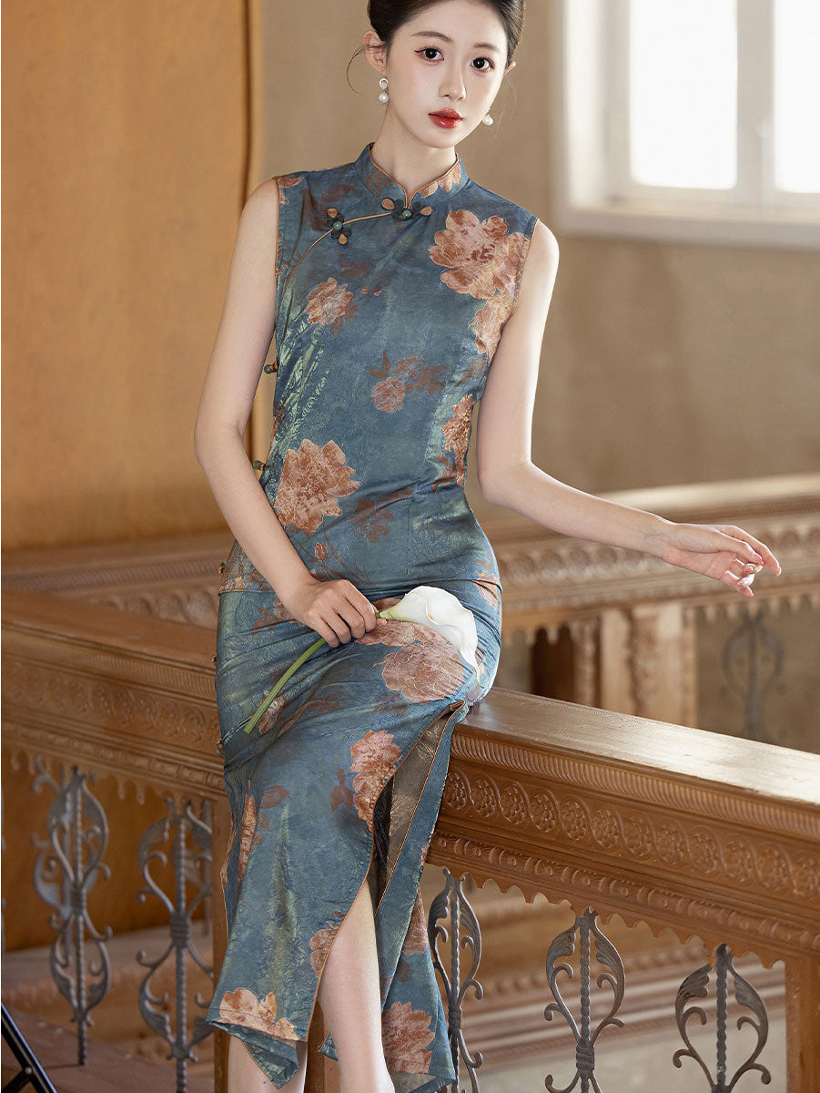 Blue Floral Print Sleeveless Maxi Cheongsam Qipao Dress
