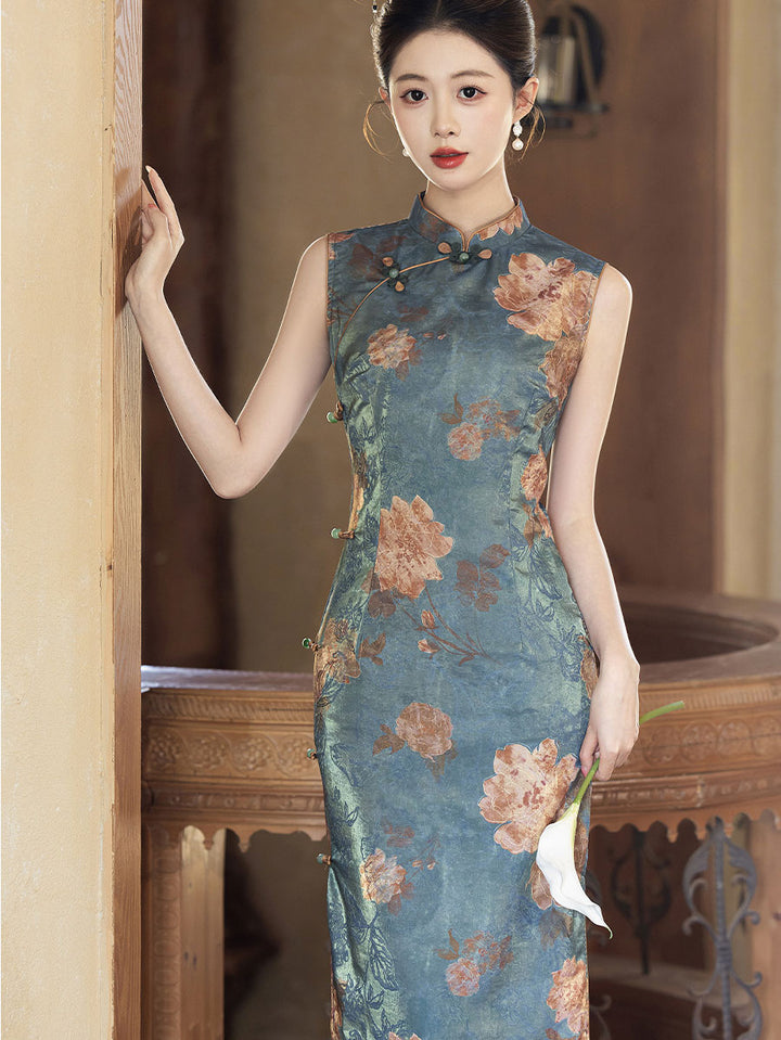 Blue Floral Print Sleeveless Maxi Cheongsam Qipao Dress