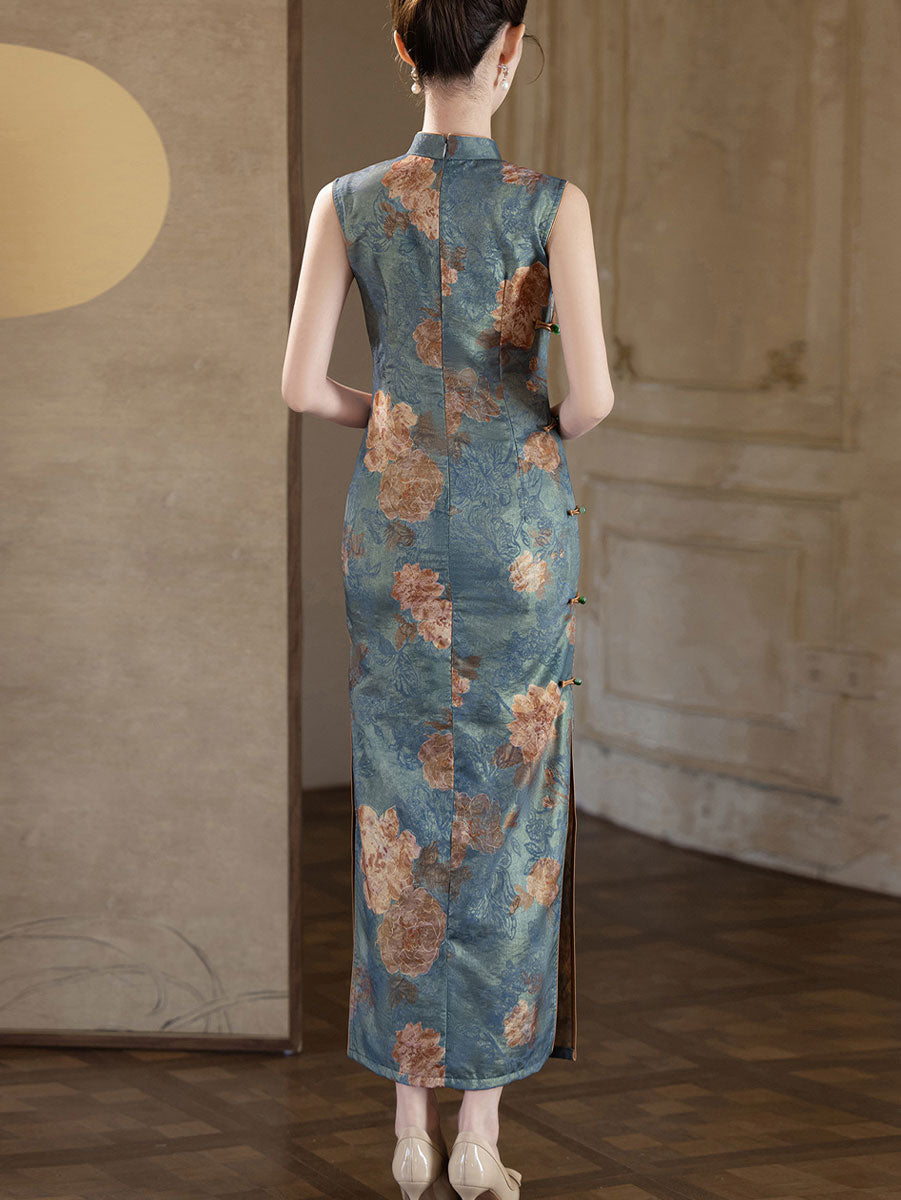 Blue Floral Print Sleeveless Maxi Cheongsam Qipao Dress