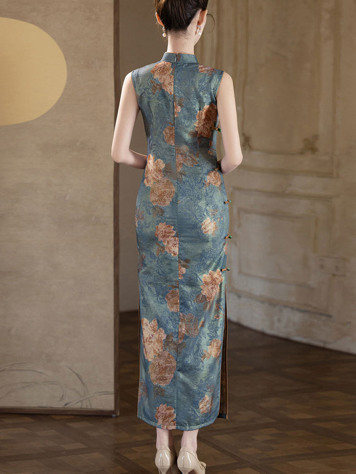 Blue Floral Print Sleeveless Maxi Cheongsam Qipao Dress