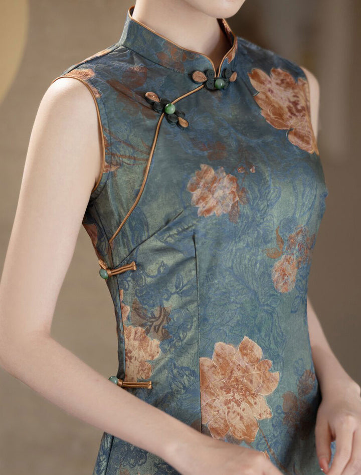 Blue Floral Print Sleeveless Maxi Cheongsam Qipao Dress